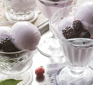 装满自制黑莓冰淇淋的透明玻璃雪伯特容器