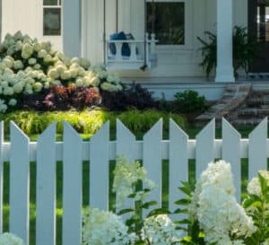 Picket fence with Moon Dance Hydrangeas in front and the house in behind with White Wedding Hydrangeas and a swing on the porch