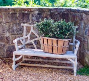花园墙角石头墙上的金属长凳上放着一篮班比纳小菠萝番石榴爱游戏在线登入